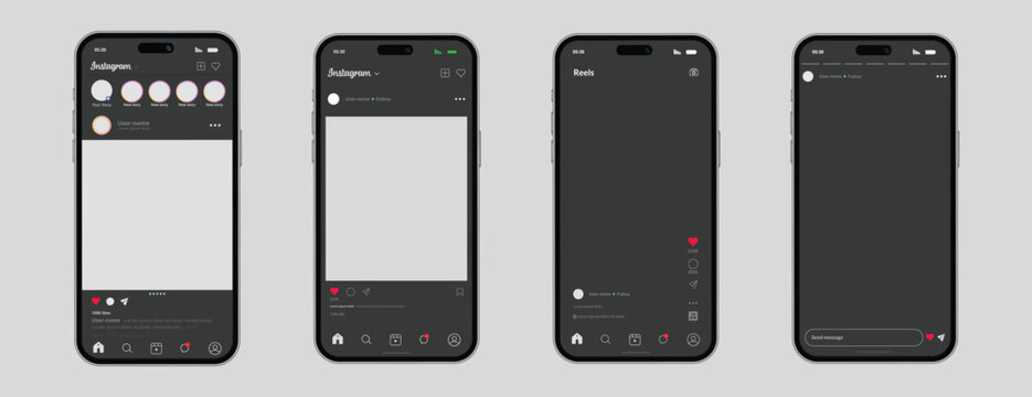 Instagram mobile social media app dark mode template smartphone, mockup, interface, digital, mobile, app, ui.