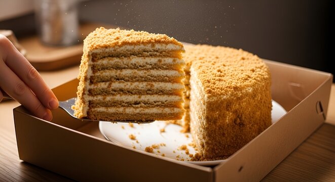 Honey Cake Slice Cut Serving Dessert Delicious Layers Cream Crumbs