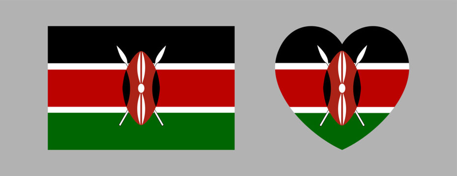 National flag of Kenya rectangular, heart icon, sticker. Kenya flag rectangle, heart badge, button. Set of Republic of Kenya flag banner, background, symbol, sign.
