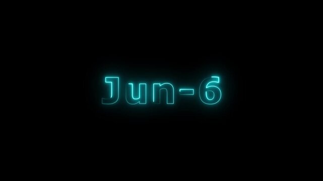 Glowing cyan color neon text June month's 6 date calendar icon concept 4k animation, on dark background.