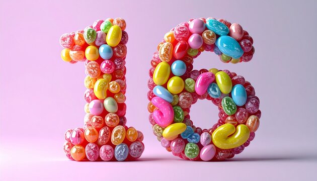 Number 16 made of candy, sweet colors, fun illustration