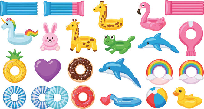 Set of colorful and fun pool float toys vector illustrations including unicorn, flamingo, donut, and more