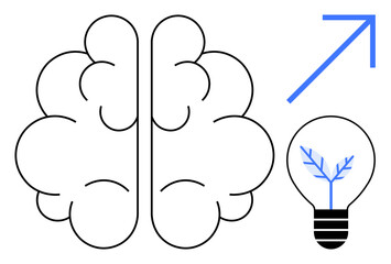 Innovation, creativity, brainstorming, knowledge growth, intellectual development, problem-solving. A brain with a lightbulb a growth symbol and an upward arrow. Innovation and creativity concepts © robu_s