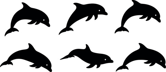 Obraz premium Six black silhouettes of jumping dolphins against a plain white background