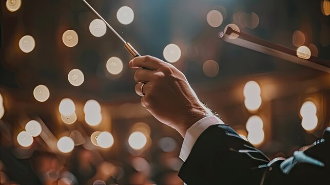 Back view of conductor with baton on black background, leading a symphony of artistic expression.