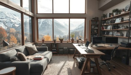 Obraz premium Serene home office with expansive mountain views, ideal for creative retreats and focused remote work sessions