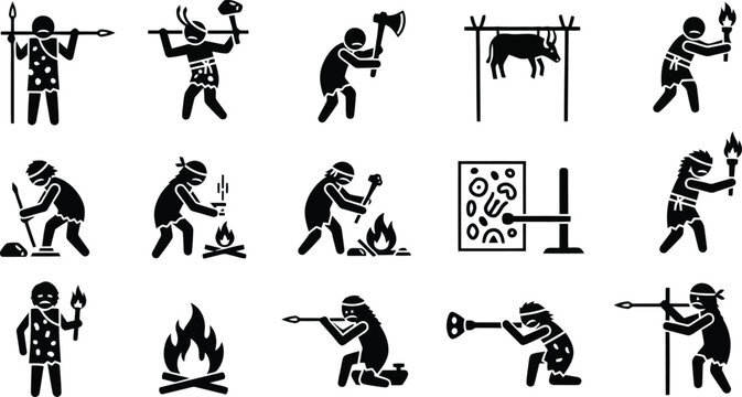 Prehistoric caveman icon set showing primitive humans with stone tools hunting animals and making camp fire