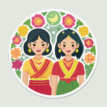 Two young women in traditional Indian attire with floral border