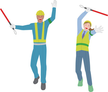 安全誘導員の男性と女性。元気で働くイメージのイラスト