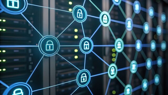 A digital network visualization with interconnected nodes featuring lock icons, symbolizing cybersecurity and data protection across a connected system.