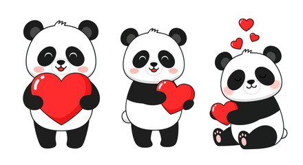 Cute Pandas Holding Red Hearts - Valentine's Day Illustration © asepta