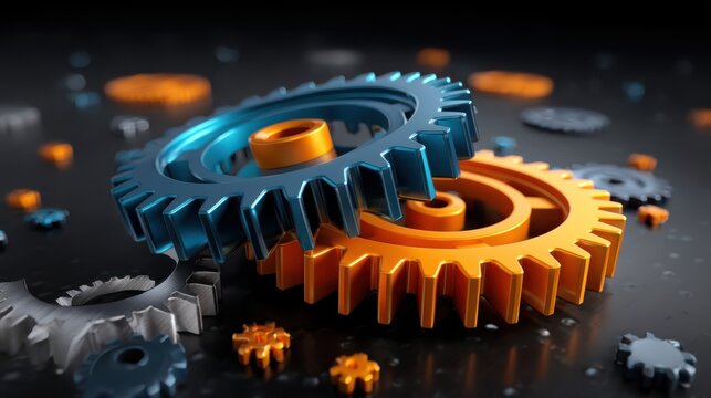 Interlocking blue and orange gears symbolize mechanical precision and teamwork on a dark, reflective surface with scattered smaller gears.