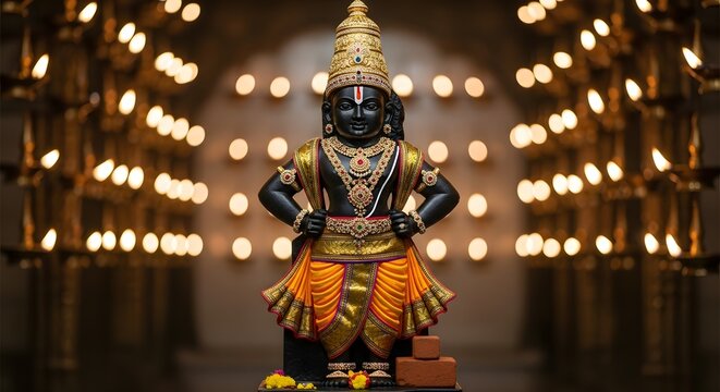 Lord Vitthal black idol adorned with gold and jewels, standing on a brick in a temple illuminated by traditional oil lamps, representing devotion and spiritual worship.