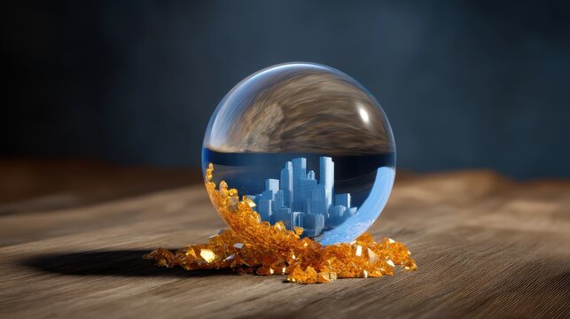 A glass sphere reflects an inverted city skyline, resting on a wooden surface surrounded by scattered amber crystals.