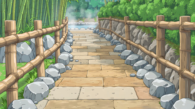 Discover the Serenity of a Winding Bamboo Pathway Through a Lush Green Landscape Surrounded by Tranquil Water Features and Scenic Natural Beauty.