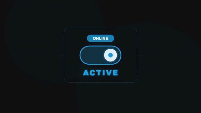 A glowing blue digital toggle switch displays an active online status on a futuristic user interface panel.