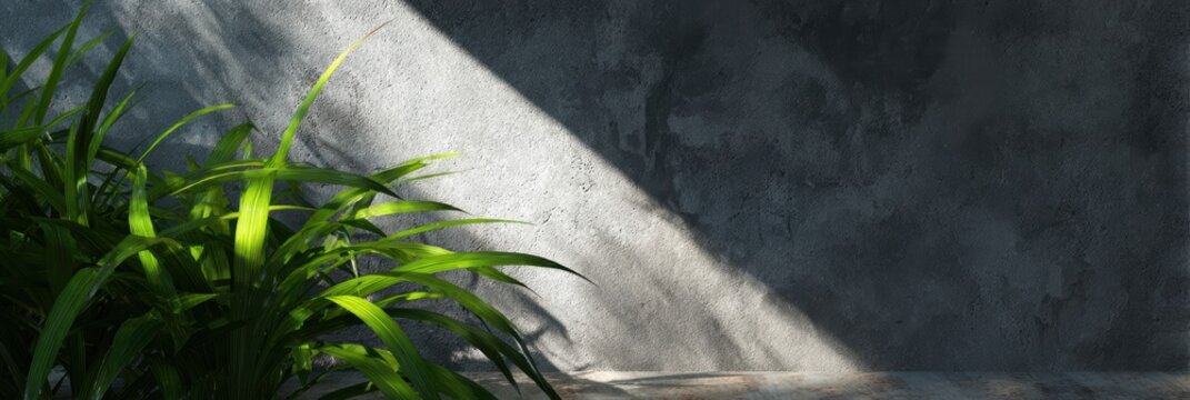 日光の下でコンクリートの壁に緑の植物と影絵