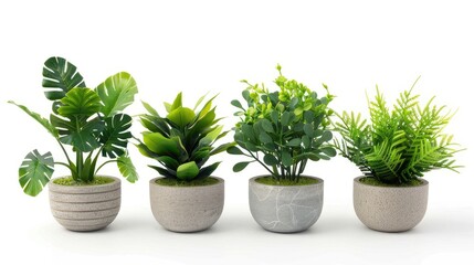 Fototapeta premium Botanical charm: Set of lifelike artificial plants in flower pots, perfect for adding greenery to any space. Isolated on white