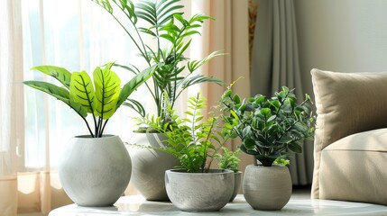 Fototapeta premium Botanical charm: Set of lifelike artificial plants in flower pots, perfect for adding greenery to any space. Isolated on white