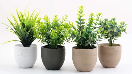 Fototapeta premium Botanical charm: Set of lifelike artificial plants in flower pots, perfect for adding greenery to any space. Isolated on white