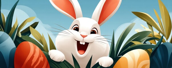 Fototapeta premium Cute white rabbit peeking from grass with colorful Easter eggs and spring plants