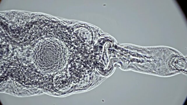 Microscopic rotifer swimming in water moving fluidly through the field of view in this high magnification scientific footage captured under a professional laboratory research light microscope