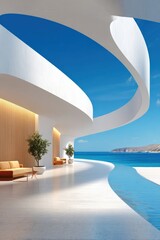 Obraz premium Modern luxury seaside terrace with curved white canopy and infinity pool overlooking the ocean