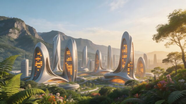Futuristic cityscape with unique architecture