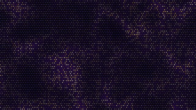 Abstract digital background of vibrant pattern of rotating pulsating shimmering gold and purple dots, halftone grid, futuristic tech backdrop
