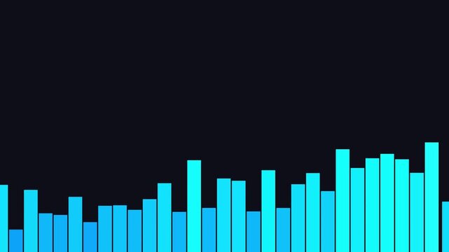 A modern digital audio equalizer or data bar chart displaying fluctuating light blue levels against a dark navy blue background.
