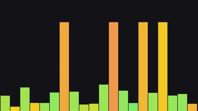 Minimalist digital bar chart displays fluctuating data or audio frequencies with vibrant green and orange columns against a dark background
