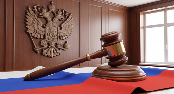 Judge gavel on Russian flag in courtroom with national emblem, concept of justice and law in Russia