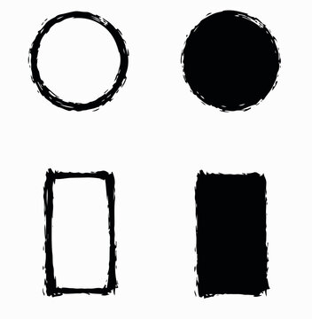 A professional set of black hand drawn geometric circle and rectangle shapes with a rough textured edge for creative artistic design concepts on a clean white background