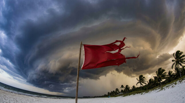 Tattered Red Flag Dramatic Swirling Storm Cloud Tropical Beach