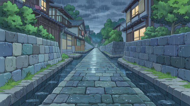 A Tranquil Rainy Evening in a Cobblestone Street with Historic Houses, Embracing Nature and Serene Waters Creating a Calm Atmosphere for Exploration and Adventure.