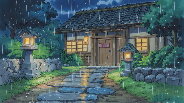 Explore the Tranquil Beauty of a Rainy Evening at a Traditional Japanese House Surrounded by Nature and Serenity