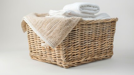 Obraz premium Wicker laundry basket with folded towels, perfect for tidy laundry storage and household cleanliness