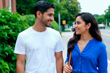Naklejka premium Young adult couple walking along city sidewalk, smiling at each other and connecting in everyday urban setting. Suitable for dating apps, relationship marketing, lifestyle campaigns, medium shot