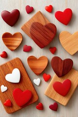Obraz premium Wooden background with red hearts scattered for Valentine and romantic decor concept