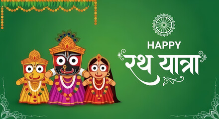 Fototapeta premium Traditional Illustration of Lord Jagannath, Balabhadra, and Subhadra on Green Pattern Background, Ratha Yatra Festival