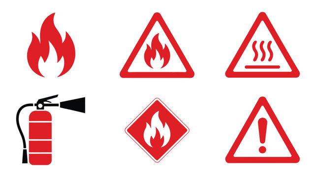 Set of red and black flat vector fire safety and hazard warning icons including flame extinguisher hot surface and caution symbols, modern safety compliance signage set, industrial emergency alert 
