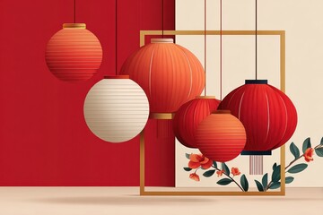 Fototapeta premium Chinese New Year lanterns and red celebration background with floral accents and gold frame
