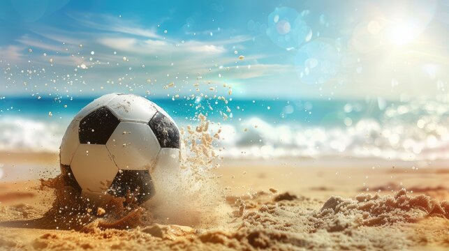 football on sandy beach, epitomizing beachside fun and active coastal lifestyle. Banner design