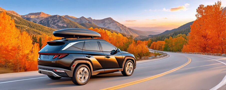 Black Hyundai SUV with roof box driving on mountain road through autumn aspen forest