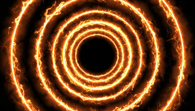 Glowing concentric circles of electric orange energy on a dark background create a dynamic portal effect; cosmic futuristic powerful.