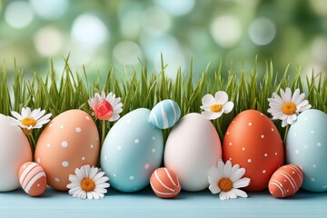 Fototapeta premium Pastel Easter eggs in grass with daisies and spring flowers on a soft bokeh background