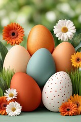 Fototapeta premium Easter eggs and spring flowers arranged on green grass background for festive seasonal celebration