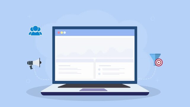 Flat vector animation of a laptop dashboard with cloud, megaphone, and target icons. Concept of online marketing, audience reach, cloud data, and campaign performance tracking.