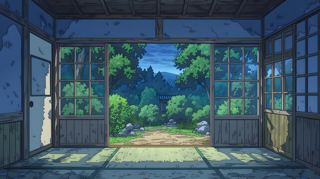 Explore a Serene Interior Scene: A Tranquil View of Nature Through Traditional Architecture and Scenic Windows