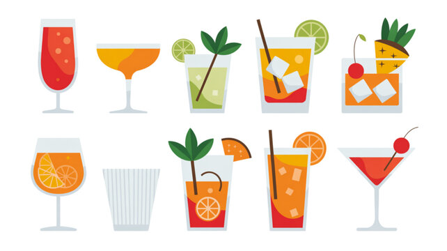 Colorful set of illustrated cocktail and mocktail glasses with tropical fruits and drinks Vector